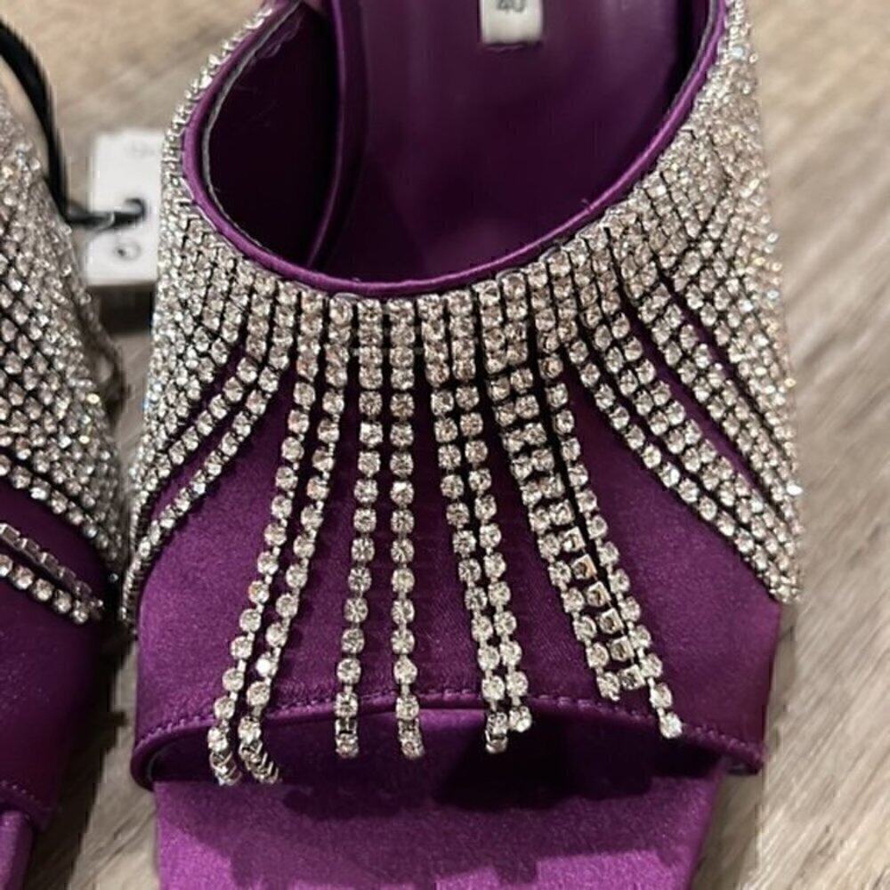 Zara Purple Rhinestone Fringe Mule Heels Statement Sandals NWT - Picture 7 of 14